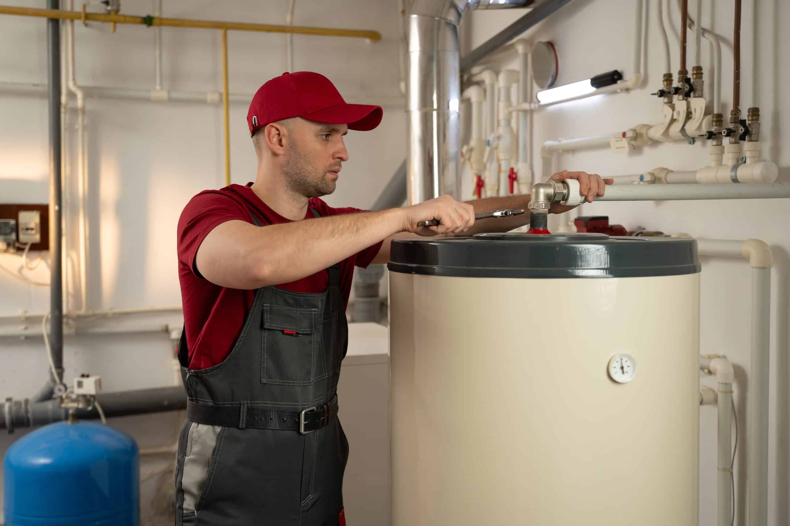 A man wearing a red cap and overalls uses a wrench to adjust a pipe connected to a large water heater in a utility room. The room contains pipes, valves, and other heating system components.