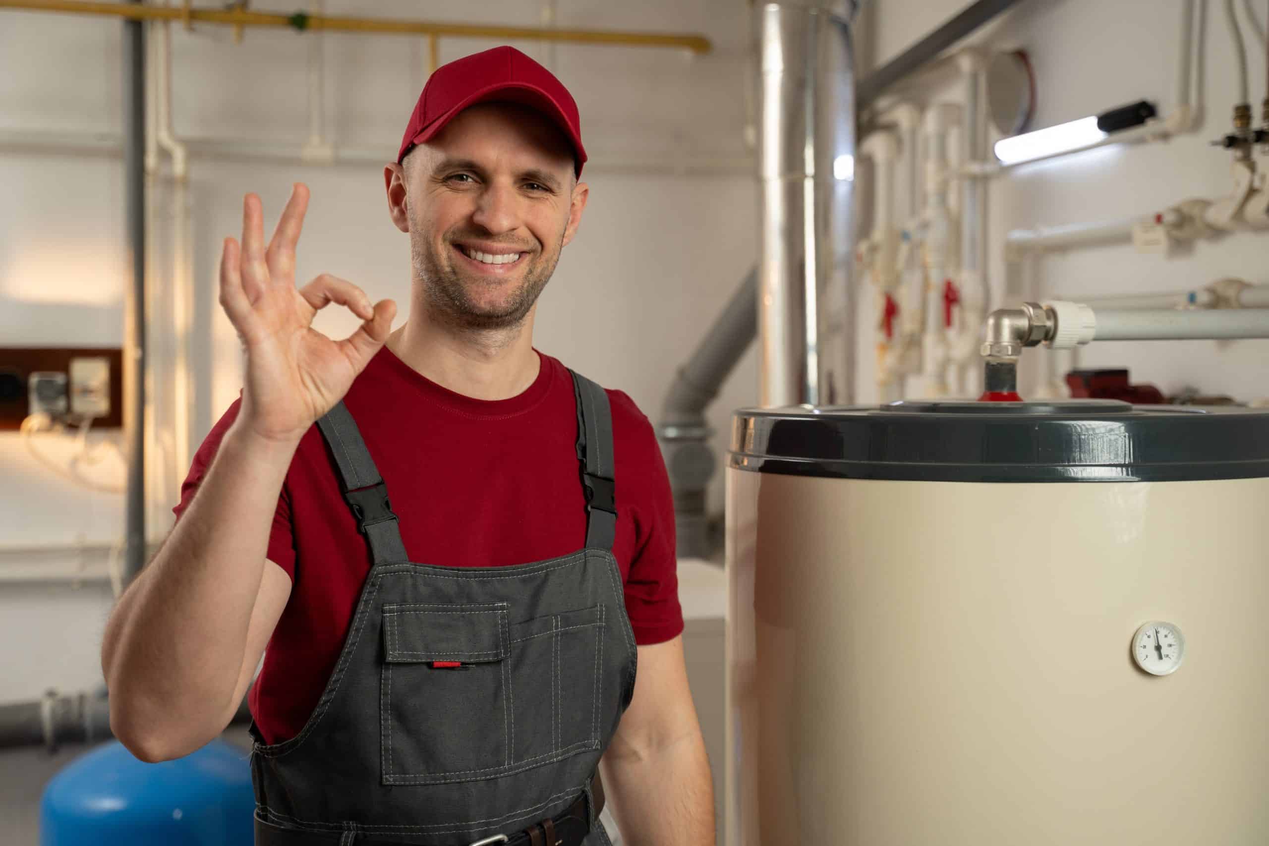 A man in a red cap and shirt with gray overalls stands in a utility room, smiling and making an "OK" gesture with his hand. He is next to a large water heater with pipes and gauges in the background.