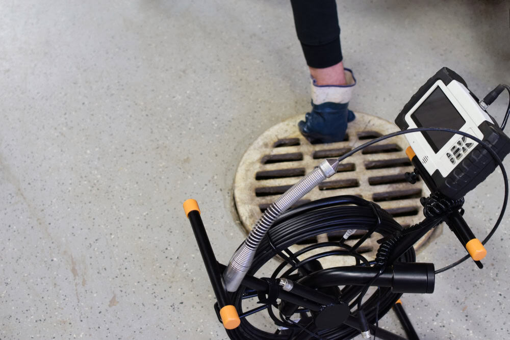 A person wearing black pants and blue gloves is seen from the knee down, working near an open drain. A coiled cable with a screen is positioned near the drain, likely for inspection purposes. The floor is light gray with scattered speckles.