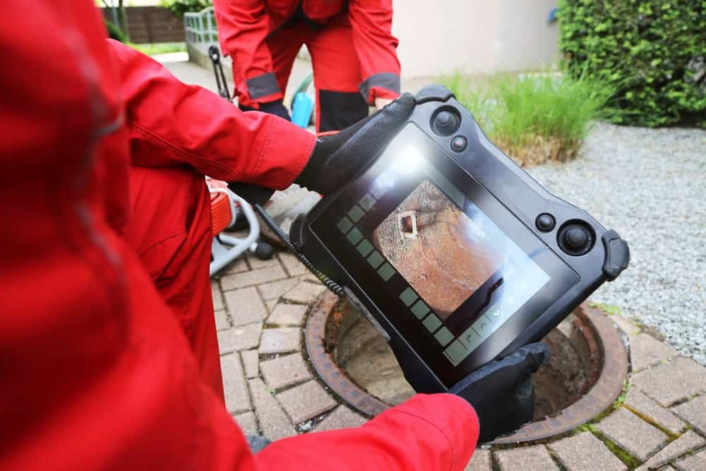Person in red protective clothing holds a tablet displaying a sewer inspection image above an open manhole.