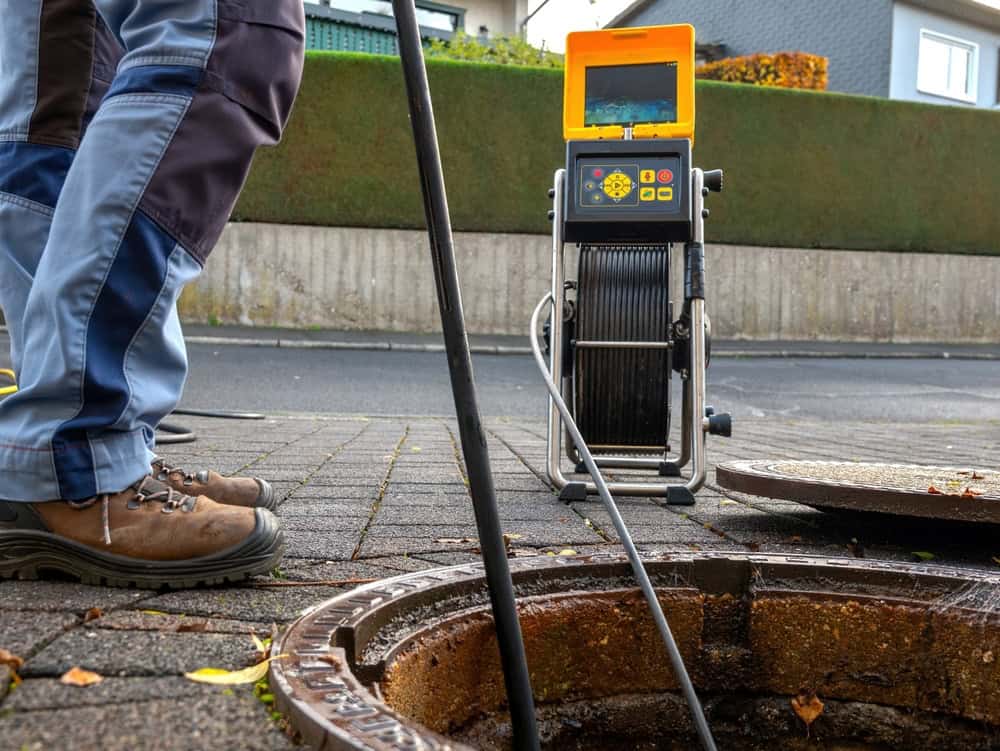 A worker inspects an open manhole for sewer pipe repair services, with a camera system and cables on a paved street.