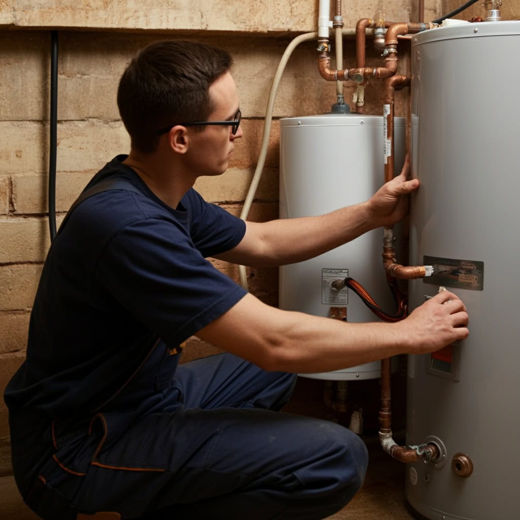 A person wearing glasses and overalls is adjusting a water heater in a basement. They are surrounded by pipes and appear focused on the task. The walls are unfinished brick.