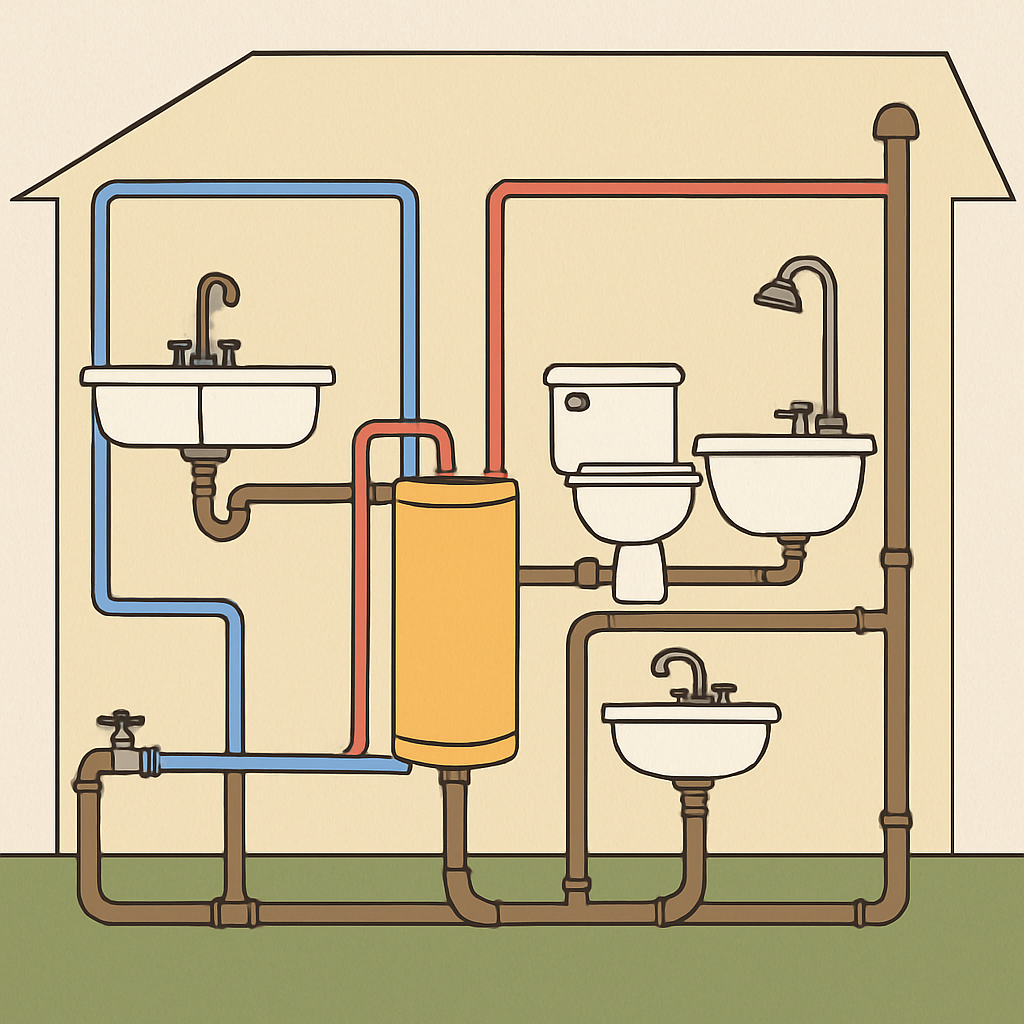This image is a simple diagram of a home plumbing system. The blue pipes carry cold water, the red pipes carry hot water from the water heater, and the brown pipes handle drainage. It shows how sinks, a toilet, a shower, and an outdoor faucet are all connected.