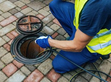 A person wearing a yellow reflective vest and blue gloves is kneeling beside an open manhole on a cobblestone pavement. They are holding a cable, inserting it into the manhole.